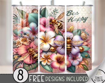 Bee Happy Tumbler Wrap, Bee Design 20oz Skinny Tumbler Sublimation Design,Floral Tumbler Wrap File PNG,Inspirational Sublimation Tumbler PNG