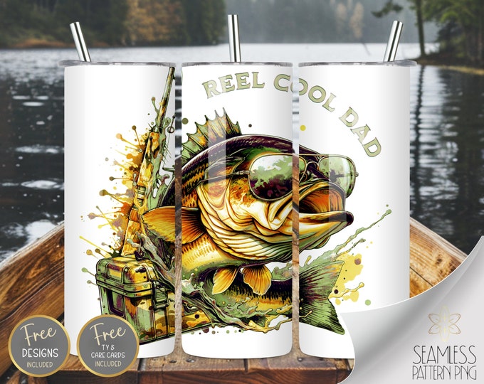 Reel Cool Dad PNG 20 oz Straight Tumbler Wrap Sublimation, Light Green Skinny Tumbler Design Files, Bass Fish Camo Image Instant Download