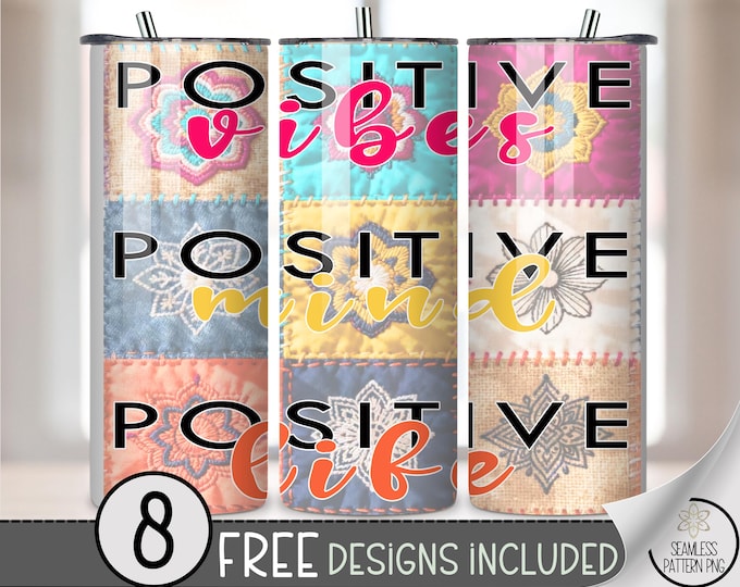 Positive Affirmation PNG 20 oz Tumbler Wrap, Mandala Sublimation Design For Straight Tumblers, Inspirational Faux Patchwork, B859