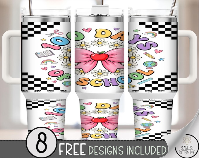 100 Days Of School PNG, Pink Coquette Bow 40 oz Tumbler Wrap, Retro Cute Sublimation Design, B931