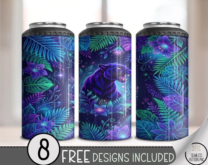 Neon Jungle 4-in-1 Can Cooler Wrap, Wild Cat Sublimation Design, Tropical 16oz 4-in-1 File, Digital Download, B10476