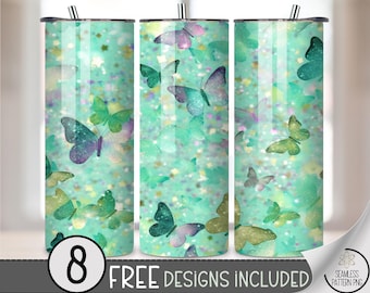 Butterfly Glitter Tumbler Wrap PNG, Seamless 20 oz Sublimation Design, Teal Sparkle Skinny Tumbler PNG, Girly Green 20oz Tumbler File A275