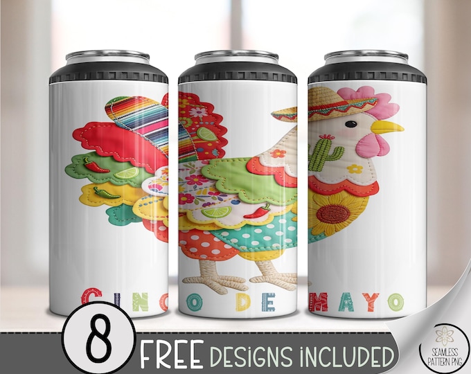 Cinco De Mayo 4in1 Can Cooler Wrap, Rooster Sublimation Design, Festive Mexican 16 oz 4-in-1 File, Colorful Folk-Art Png B10067