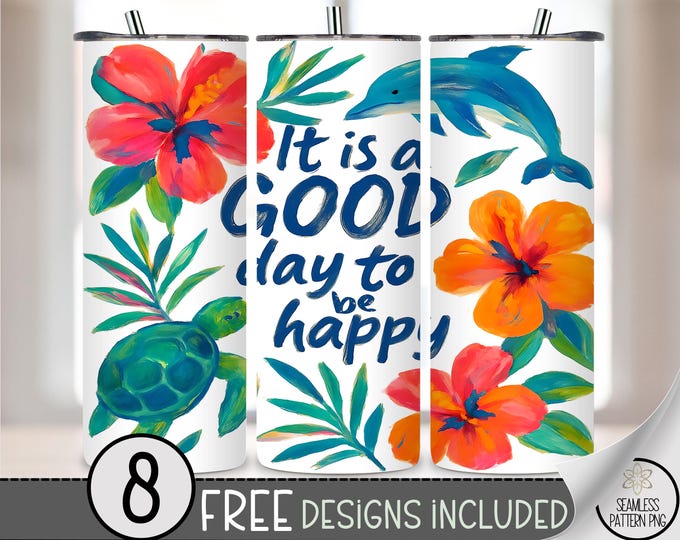 Tropical Happy Quote 20 oz Tumbler Wrap PNG, Dolphin and Turtle Summer Sublimation Design, Bright Floral Skinny Cup PNG for Sublimation A238