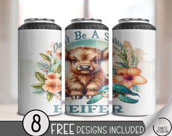 Funny Cow 4-in-1 Can Cooler Wrap PNG, Don’t Be a Salty Heifer Sublimation Design with Hibiscus and Turtle for 16 oz Can Sublimation A274