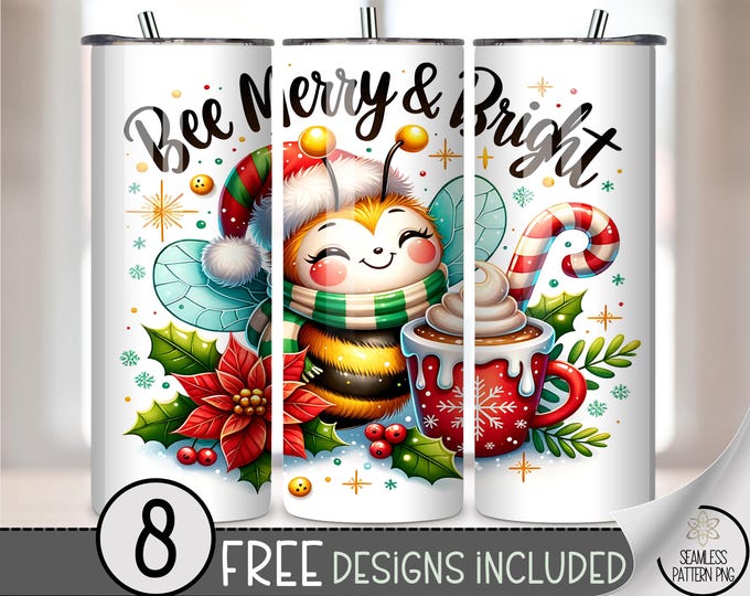 Cheerful 20 oz tumbler wrap: Festive Bee Digital Download Sublimation Design for Skinny Tumblers, Cute Illustration PNG Files A479