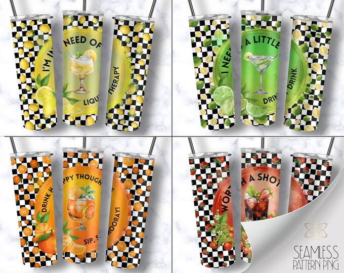 Drink Happy Bundle, 20 oz Straight Tumbler Wrap Sublimation PNG, Funny Adult Skinny Tumbler Design Files, Summer Cocktail Instant Download,