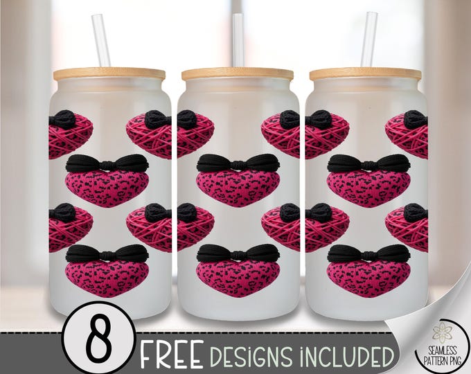 Leopard Heart Glass Can Wrap, Faux Yarn 16oz Glass Tumbler Sublimation Design, Faux Embroidery Coquette Bow PNG File, A826