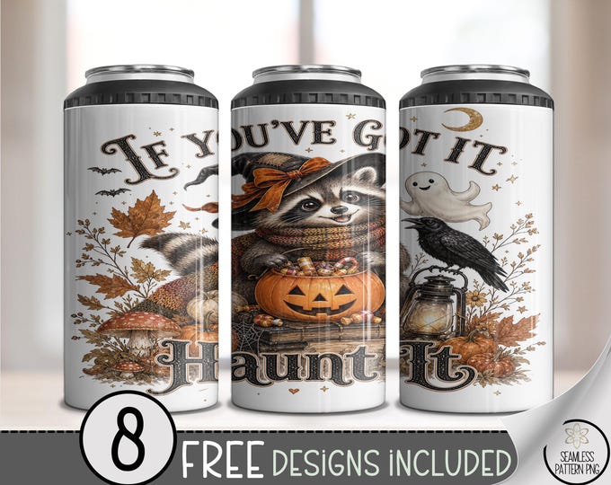 Halloween Raccoon 4-in-1 Can Cooler Wrap, Witch Hat Sublimation Design, 16oz Can Holder, Digital Download, B10422