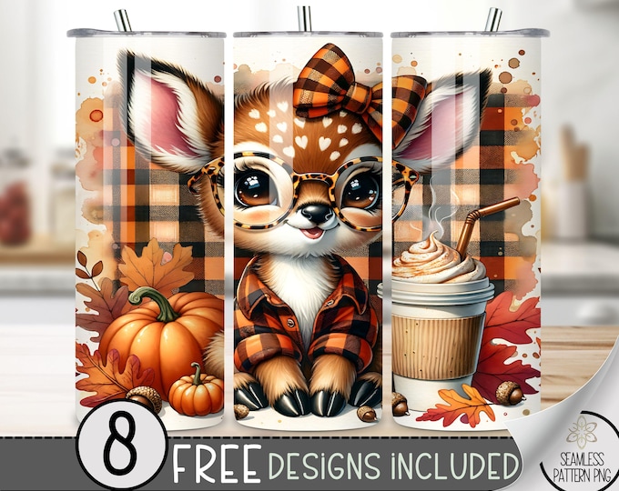 Cute Deer Tumbler Wrap, Plaid 20 oz Tumbler Sublimation Designs, Coquette Pumpkin Tumbler File, Autumn Baby Girl Deer Tumbler Design