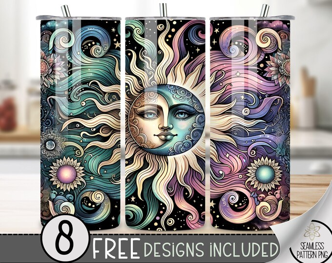 Sun And Moon Tumbler Wrap, Sun And Moon Boho 20 Oz Skinny Tumbler Sublimation Design, Celestial Png Tumbler Wrap, Png File Instant Download