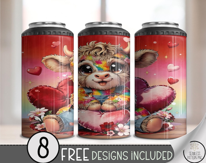 Valentine Highland Cow 4-in-1 Can Cooler Wrap PNG, Cute Farm Animal Design, Digital Download for Sublimation, B844