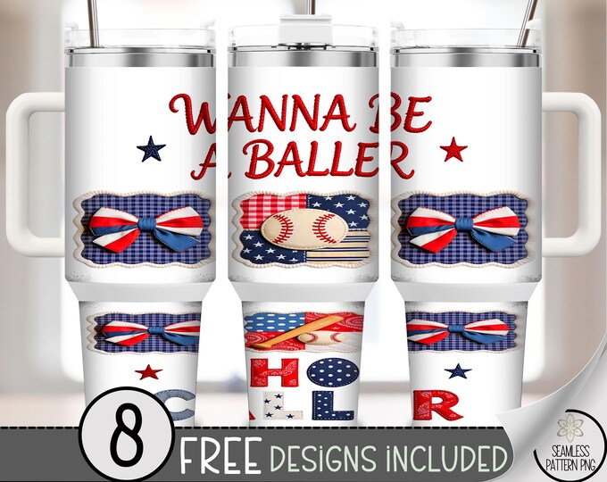 Baseball 40 oz Tumbler Wrap, Patriotic Americana Sublimation Design, Retro Baseball 40oz Tumbler Design B10098