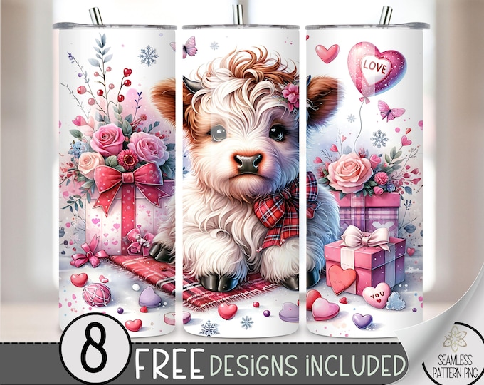 Highland Cow Valentine Tumbler Wrap, Love Sublimation Tumbler Wrap, Vday 20Oz Sublimation Wrap,Valentines Day Sublimation Tumbler Design PNG