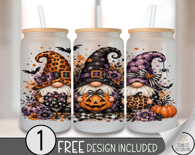 Halloween Gnomes Glass Can Wrap, Spooky Autumn 16oz Tumbler Sublimation Design PNG, Digital Download, B10480