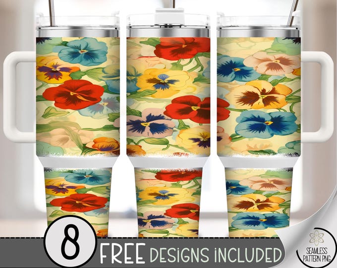 Vintage Pansy Floral 40 oz Tumbler Wrap PNG, Colorful Wildflower Sublimation, Retro Cottagecore Flower Design for 40oz Tumblers File A268