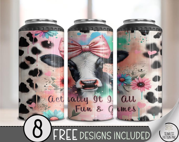 Cow with Pink Bow 4-in-1 Can Cooler Wrap, Cute Farmhouse Chic Sublimation Design, Playful Pastel 16 oz 4-in-1 File, Digital Download, B994