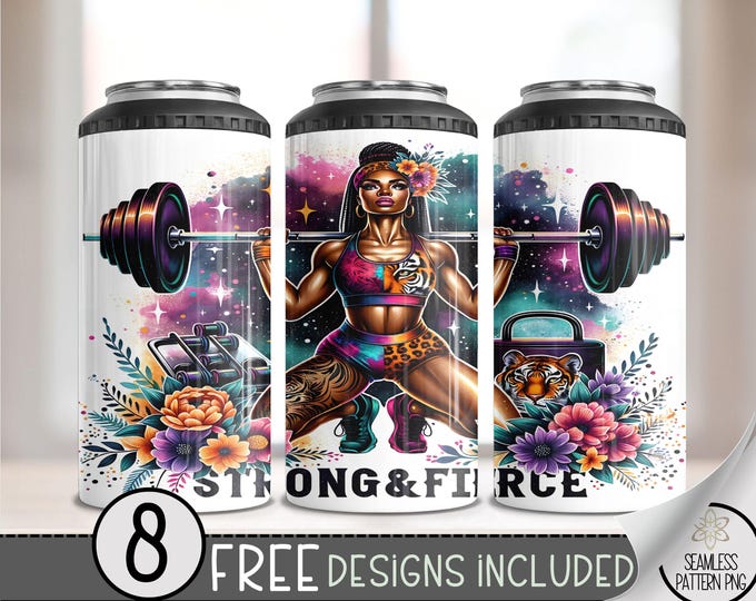 Gym 4in1 Can Cooler Wrap,Fitness Sublimation Design,Athletic Training 16 Oz PNG,Floral Boho 4 in 1 Tumbler Png,Strong & Fierce 16 Oz Can PNG