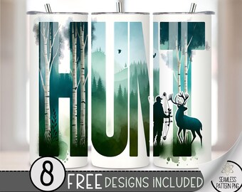 Deer Hunting Tumbler Wrap, Hunting 20oz Skinny Tumbler Sublimation Design, Buck Tumbler Wrap File, Mountain Range PNG, Seamless Compound Bow