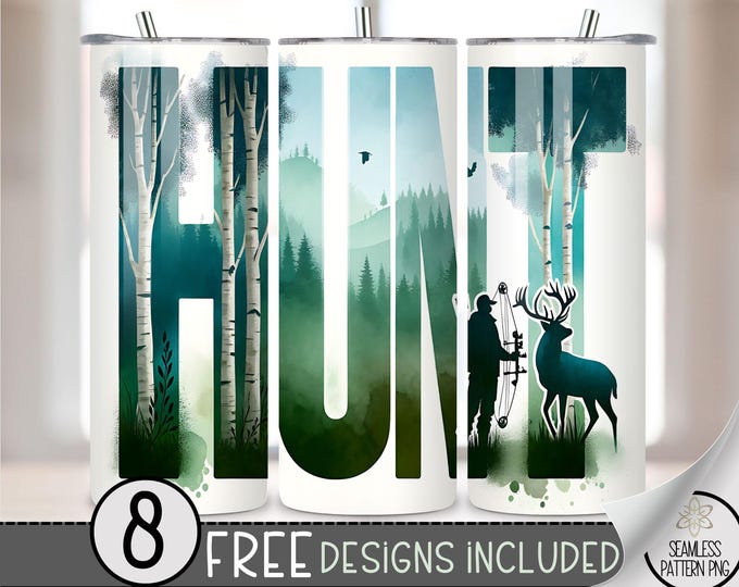 Deer Hunting Tumbler Wrap, Hunting 20oz Skinny Tumbler Sublimation Design, Buck Tumbler Wrap File, Mountain Range PNG, Seamless Compound Bow