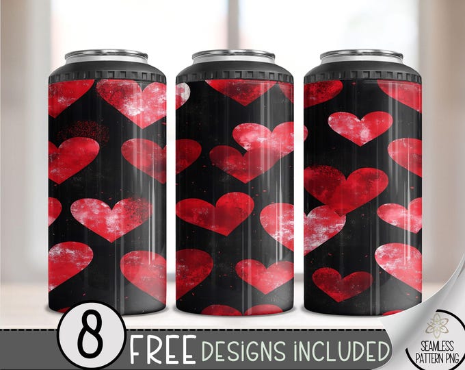 Seamless Valentine's Day 4 in 1 Can Cooler Wrap, Simple Heart 4in1 Tumbler PNG, Heart Pattern 16 Oz Can Cooler Sublimation Design, Vday Love
