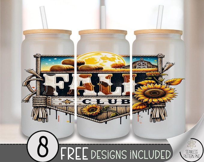 Rustic Glass Can Wrap, Earthy 16oz Glass Tumbler Sublimation Design, Digital Download, Autumn Sunflowers and Hay Bales PNG File A475