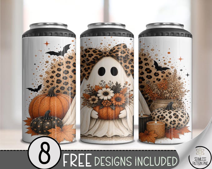 Halloween 4in1 Can Cooler Wrap, Ghost Pumpkin Sublimation Design, 16 oz Can Holder, Digital Download, B10520