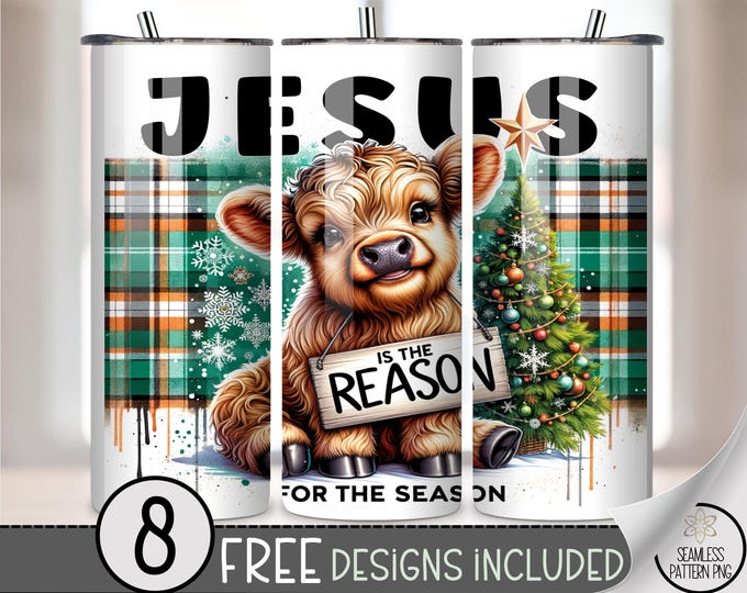 Jesus Is The Reason For The Season 20 oz tumbler wrap, Highland Cow Sublimation Design for Skinny Tumblers, Xmas PNG Files A573
