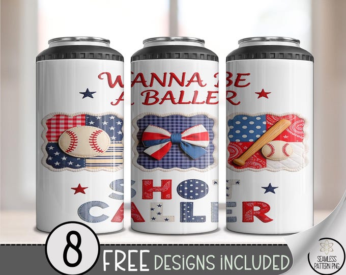 Baseball Patriotic 4in1 Can Cooler Wrap, Retro Baseball Sublimation Design, Sporty Americana 16 oz 4-in-1 File, B10098