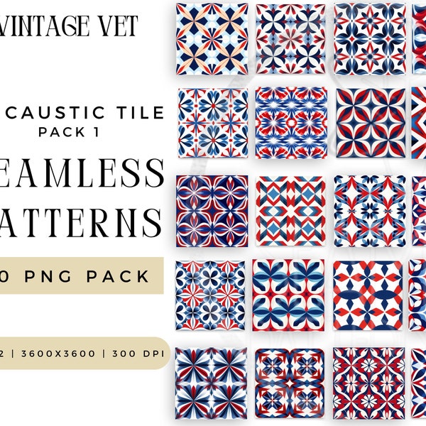 20 Vintage Vet, Encaustic Tile Printable Paper, Geometric Floral Seamless Pattern Instant Digital Download Scrapbook 4th of July Journal PNG