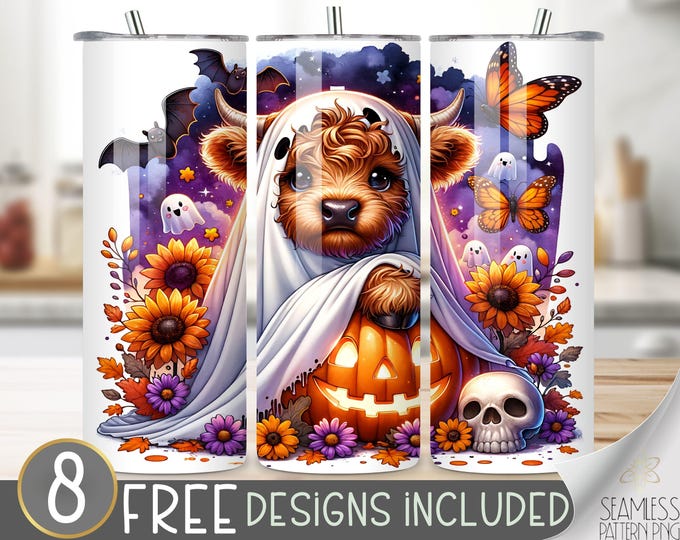 Halloween Highland Cow Tumbler Wrap,Cute Ghost 20oz Straight,Cowl Sublimation Design,Jack O Lantern 20 Oz Skinny Tumbler Sublimation Designs