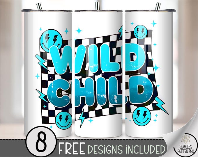 Wild Child 20 oz Tumbler Wrap: Retro Digital Download Sublimation Design for Skinny Tumblers, Funky Cute PNG Files A648