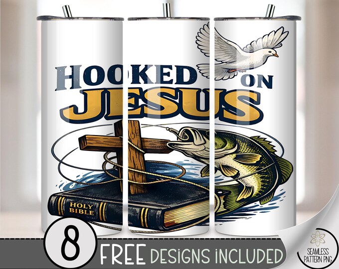 Hooked On Jesus PNG, Funny Fishing Sublimation Design, Largemouth Bass 20 oz Tumbler Wrap, Digital Download, B10021