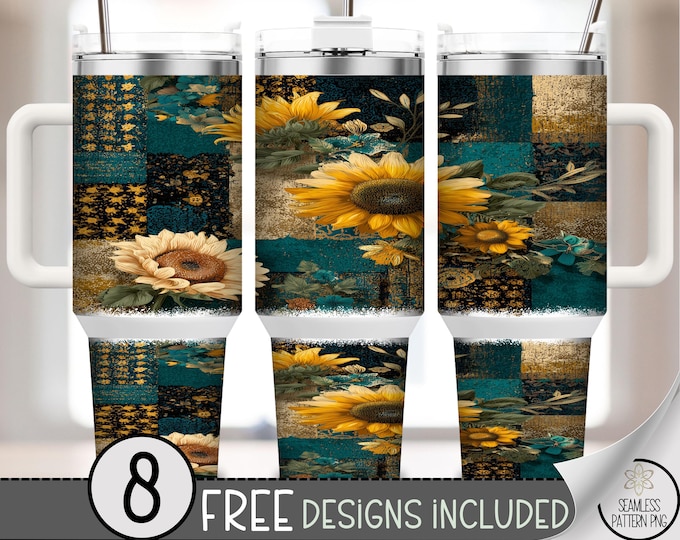 Sunflower 40 oz Tumbler Wrap, Cottagecore Patchwork Sublimation Design, Digital Download, B10557