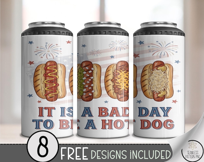 Fourth of July 4-in-1 Can Cooler Wrap, Americana Hot Dog Humor Sublimation Design, Patriotic Cookout 16 oz 4-in-1 File, Vintage Feel, B10106