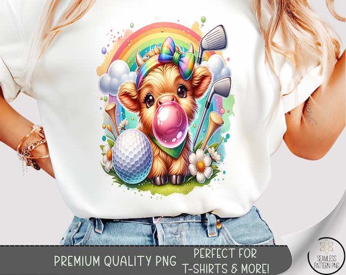 Highland Cow T-Shirt PNG, Cute Pastel Sublimation Design, Playful Golf Graphic, Digital Download, B796