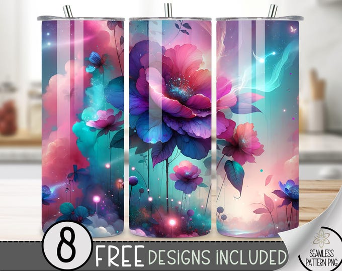 Flower Tumbler Wrap PNG, Fantasy 20 Oz Skinny Tumbler Design, Abstract Sublimation Png, Floral 20Oz Skinny Tumbler,Ethereal Digital Download