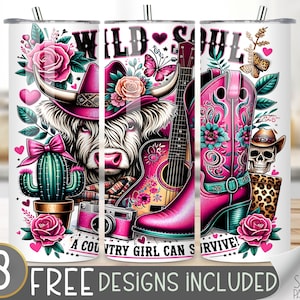 K&ouml;nnte beinhalten: Ein wei&szlig;er Becher mit einem rosa, wei&szlig;en und schwarzen Design. Das Design zeigt eine Kuh, eine Gitarre, einen Cowboystiefel, einen Kaktus und einen Sch&auml;del. Der Text "Wild Soul" ist in rosa Buchstaben auf dem Becher geschrieben. Der Text "A Country Girl Can Survive!" ist in schwarzen Buchstaben auf dem Becher geschrieben.