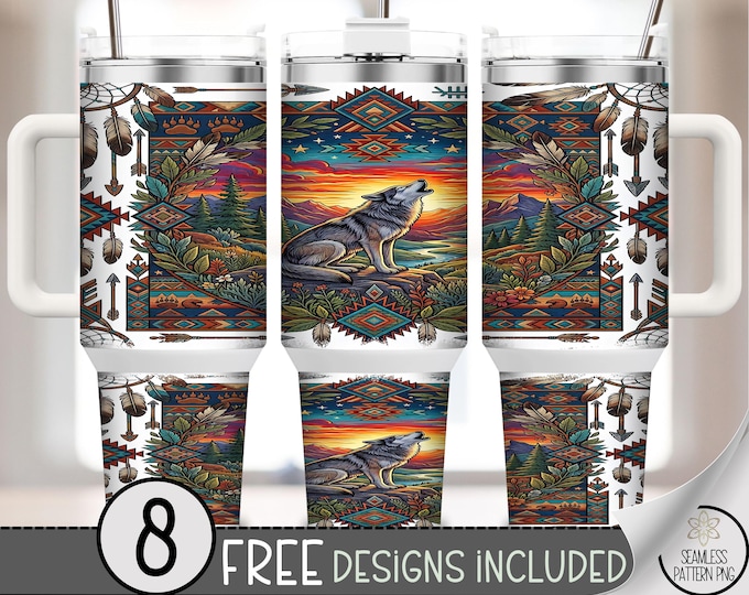 Wolf Howling 40 oz Tumbler Wrap, Tribal Nature Sublimation Design, Southwestern PNG Files, B10279