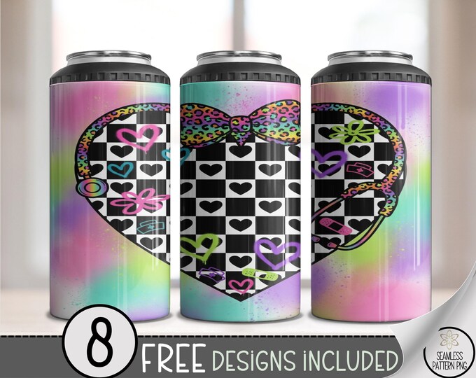 Checkered Heart Nurse, 4-In-1 Can Cooler Wrap, Sublimation Design, Digital Download, B911