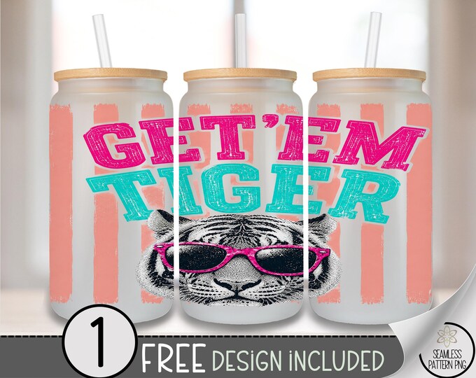 Tiger Glass Can Wrap, Get 'Em Tiger 16oz Glass Tumbler Sublimation Design, Retro PNG File, Digital Download, B10385