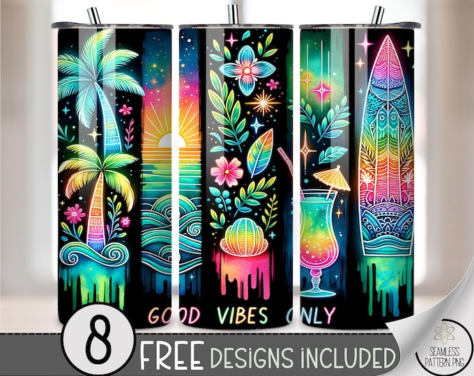 Tropical Neon 20 oz Tumbler Wrap, Sublimation Digital Download, Summer Vibes, 20oz Skinny Tumbler File, A617