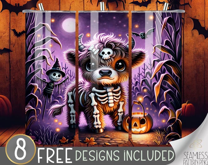 Cute Halloween Cow Tumbler Wrap PNG, Cute Skeleton Highland Cow 20 oz Skinny Tumbler Sublimation Design, Skeleton Highland Cow Tumbler Wrap