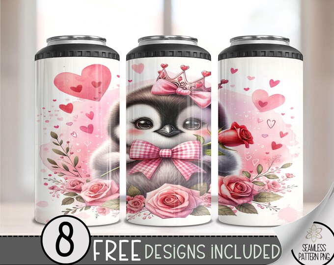 Seamless Valentine Penguin 4in1 Can Cooler Wrap, Vday Sublimation Design, Love 16 Oz Can Cooler Design File, Cute Penguin 4 in 1 Tumbler PNG