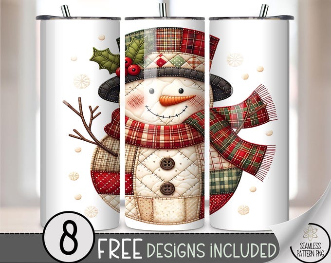 Patchwork Snowman 20 oz tumbler wrap: Xmas Snowman Sublimation Design for Skinny Tumblers, Faux Quilt Style PNG File A713