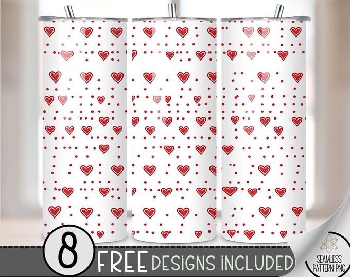 Valentines Tumbler Wrap PNG, Continuous Heart 20oz Skinny Seamless Tumbler Wrap PNG, Love Sublimation Tumbler Template, V Day Doodle File