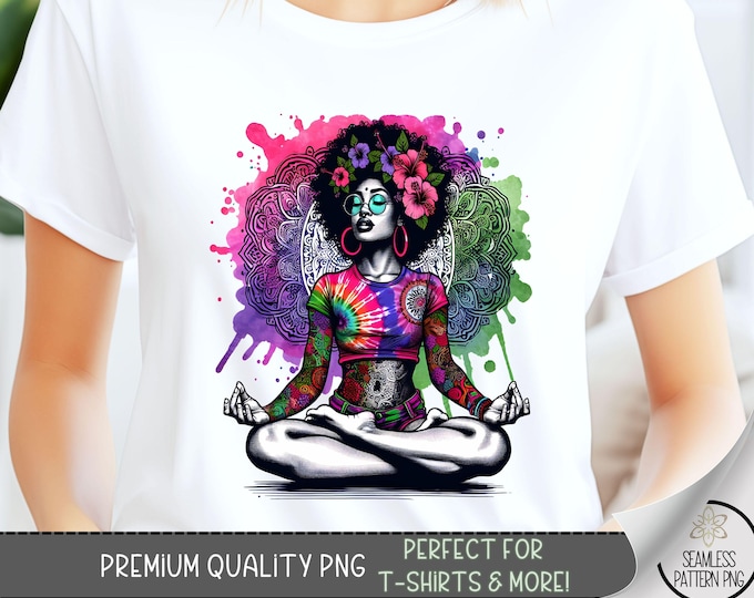 Tie Dye T-Shirt PNG, Hibiscus Mandala Graphic Tee Design, Black Woman Meditation Graphic Tshirt PNG, Black Girl Sublimation Design, A113