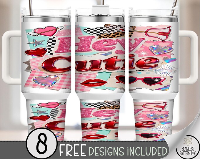Hello Cutie 40 oz Tumbler Wrap PNG, Valentines Design, Cute Boujee Sublimation, Fancy Shimmering, Digital Download, A800