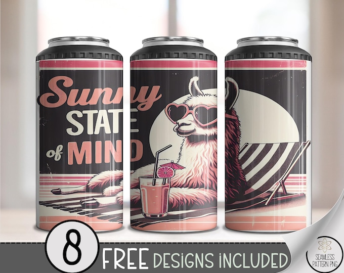 Llama Beach 4-in-1 Can Cooler Wrap, Funny Retro Sublimation Design, Summer 16 oz File, Digital Download, B10201