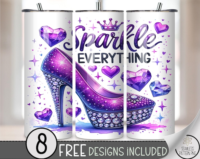 20oz Sparkle Everything Tumbler Wrap, Purple High Heel PNG, Glam Rhinestone Glitter Wrap, Sublimation Skinny Tumbler Design, A402